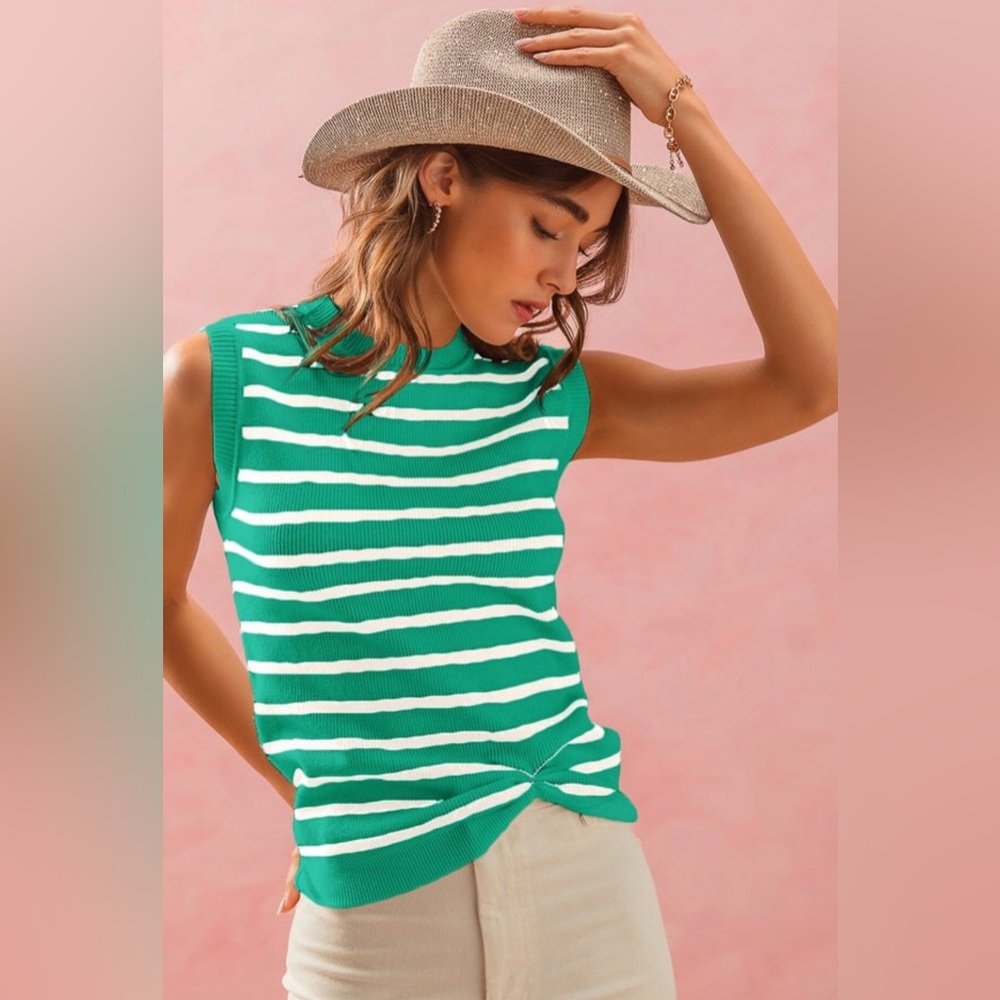 SO ME Jade Green Striped Sweater Knitted Sleeveless Top with Twisted Hem